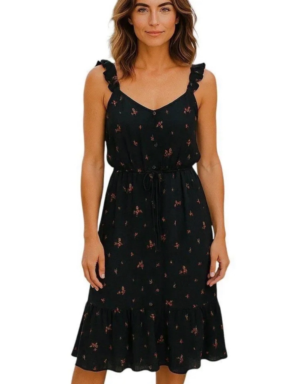 Who what wear Black Floral Ruffle-Strap Midi Dress Med EUC